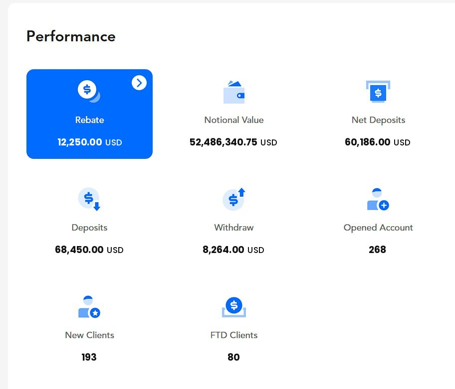 Separate IB account activity snapshot showing rebate, notional value, net deposits, deposits, withdrawals and client activity